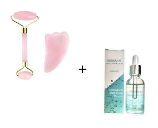 Piedra Cuarzo Rosa Rodillo + Serum Facial Ácido Hialurónico