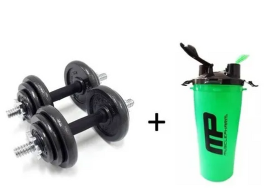 Kit Mancuerna 20 Kilos + Shaker 700 Ml Proteina + Estuche