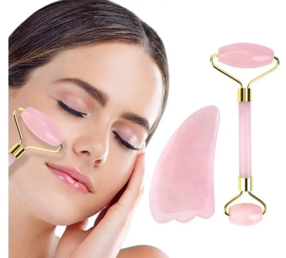 Gua Sha Rodillo Cuarzo Rosa + Gel Aloe