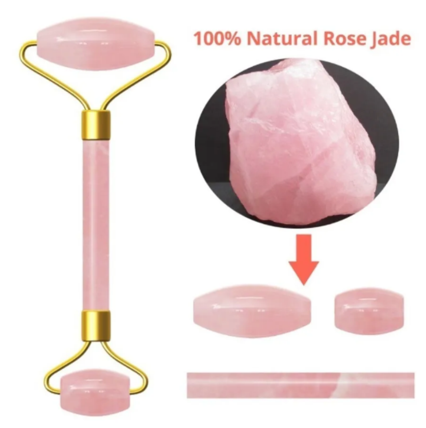 Rodillo Cuarzo Rosado - Kit Facial con Piedra Gua Sha