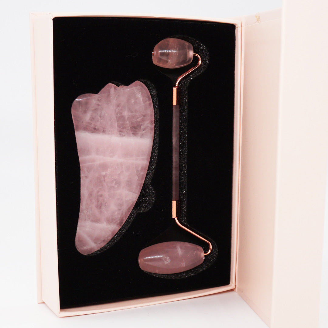 Rodillo Cuarzo Rosado - Kit Facial con Piedra Gua Sha