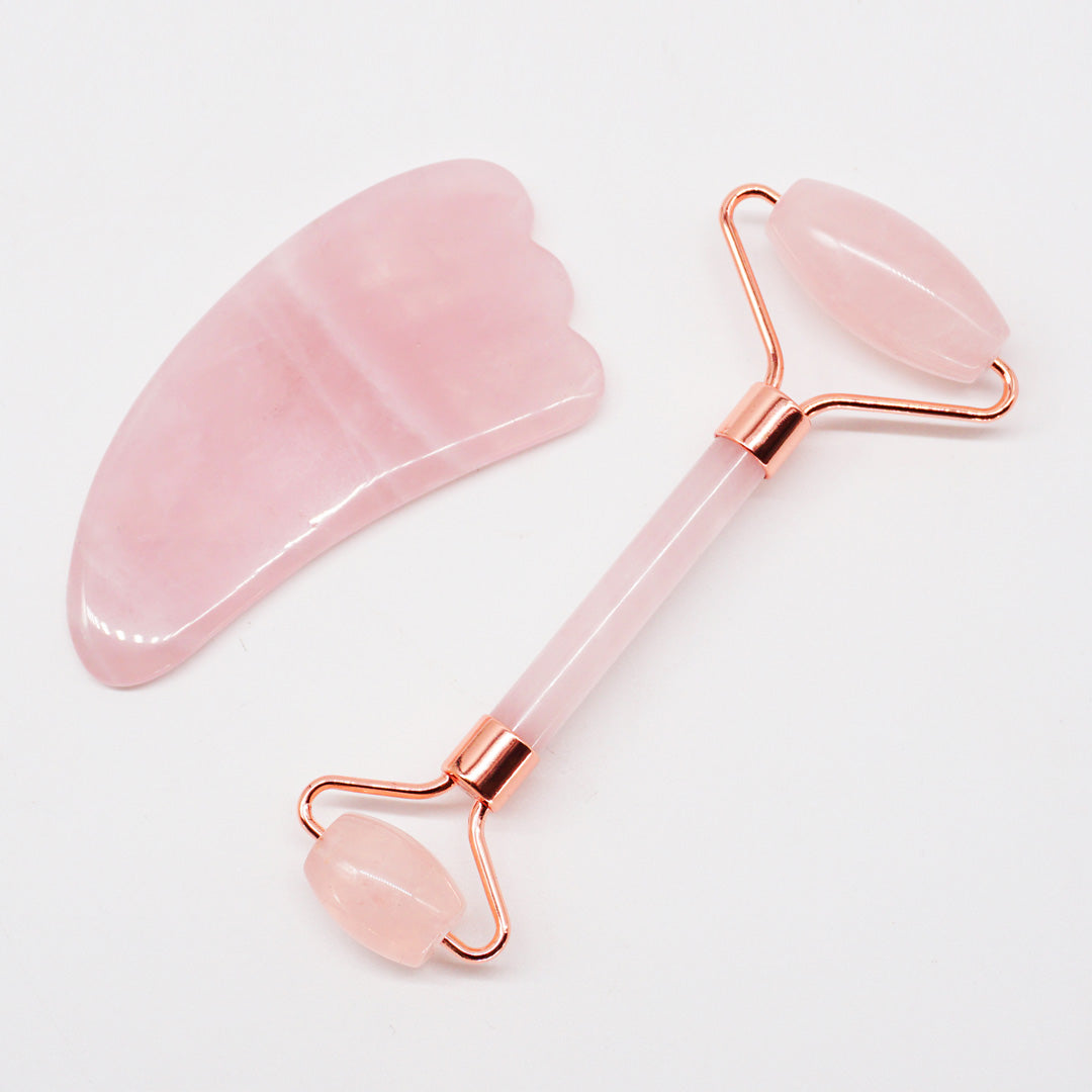 Rodillo Cuarzo Rosado - Kit Facial con Piedra Gua Sha