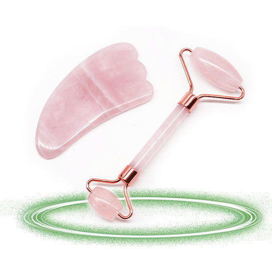 Rodillo Cuarzo Rosado - Kit Facial con Piedra Gua Sha