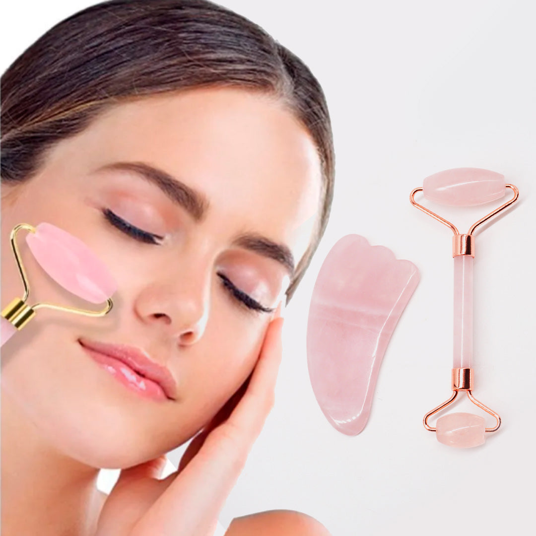 Rodillo Cuarzo Rosado - Kit Facial con Piedra Gua Sha